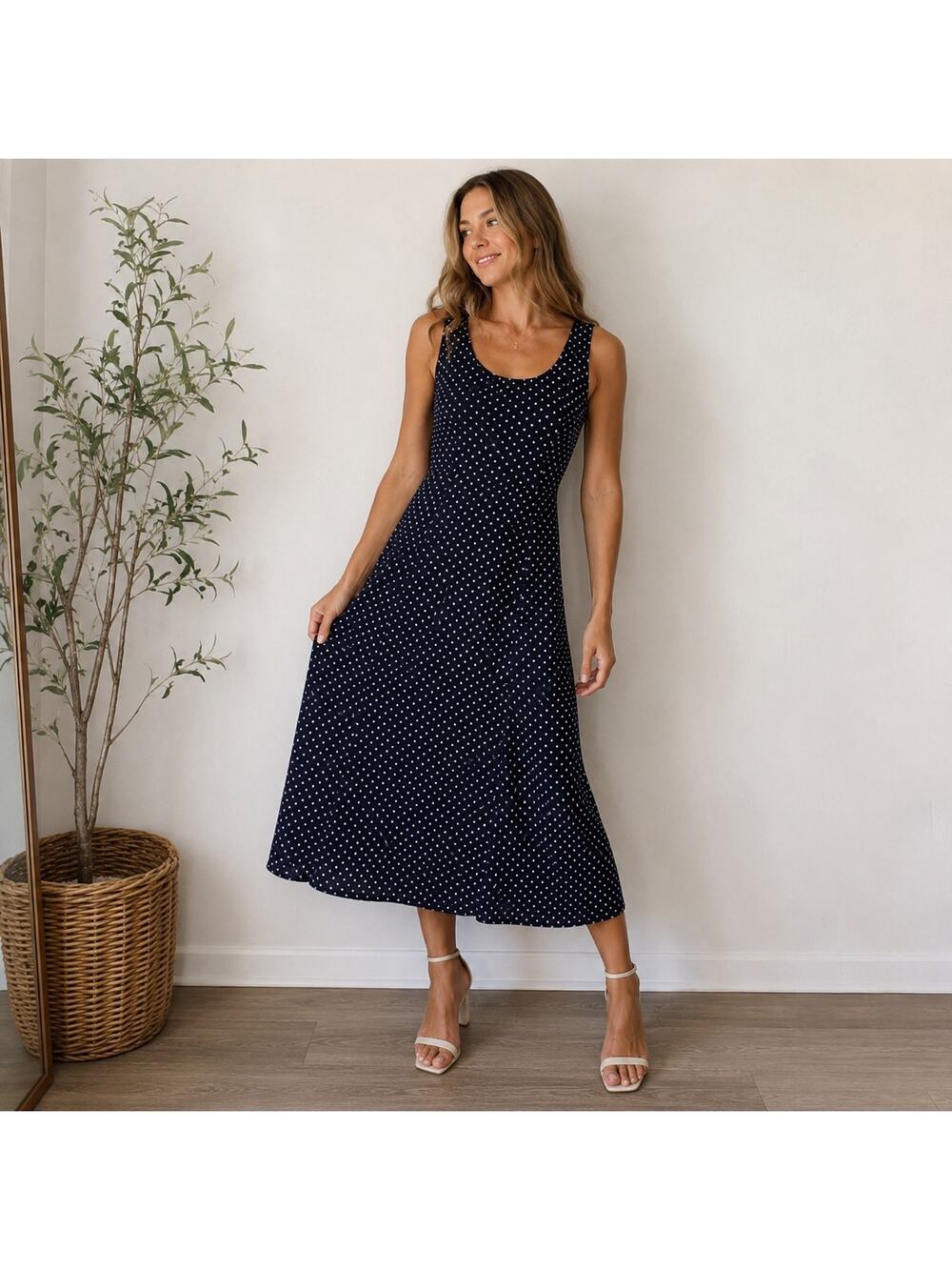 Sarah Chapman Polka Dot Midi Dress Navy White Sleeveless Y2K Sz L